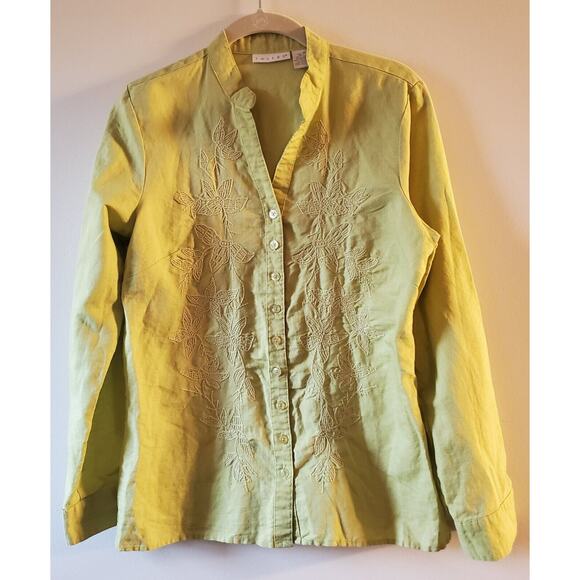Tweeds Women’s Medium Light Green Button Front Shirt 100% Linen Embroidered - Picture 1 of 12